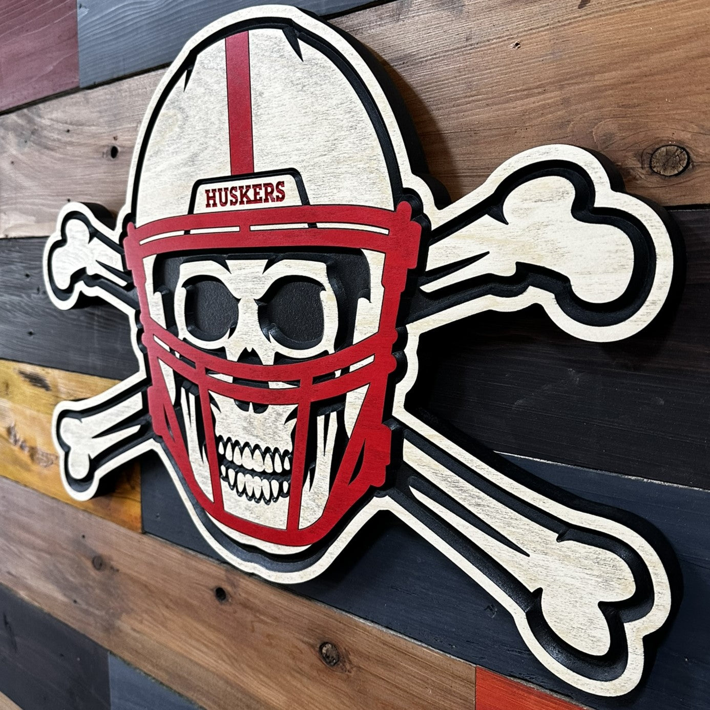 Angled view of Nebraska Blackshirts skull and bones sign