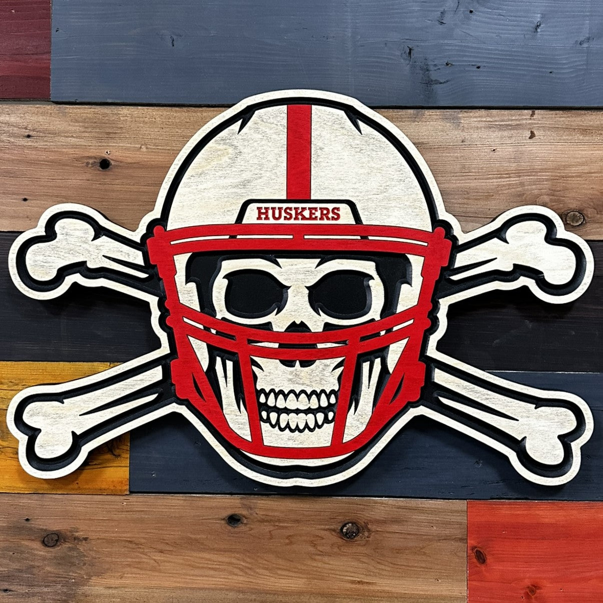 Close-up of Nebraska Blackshirts skull and bones sign detail