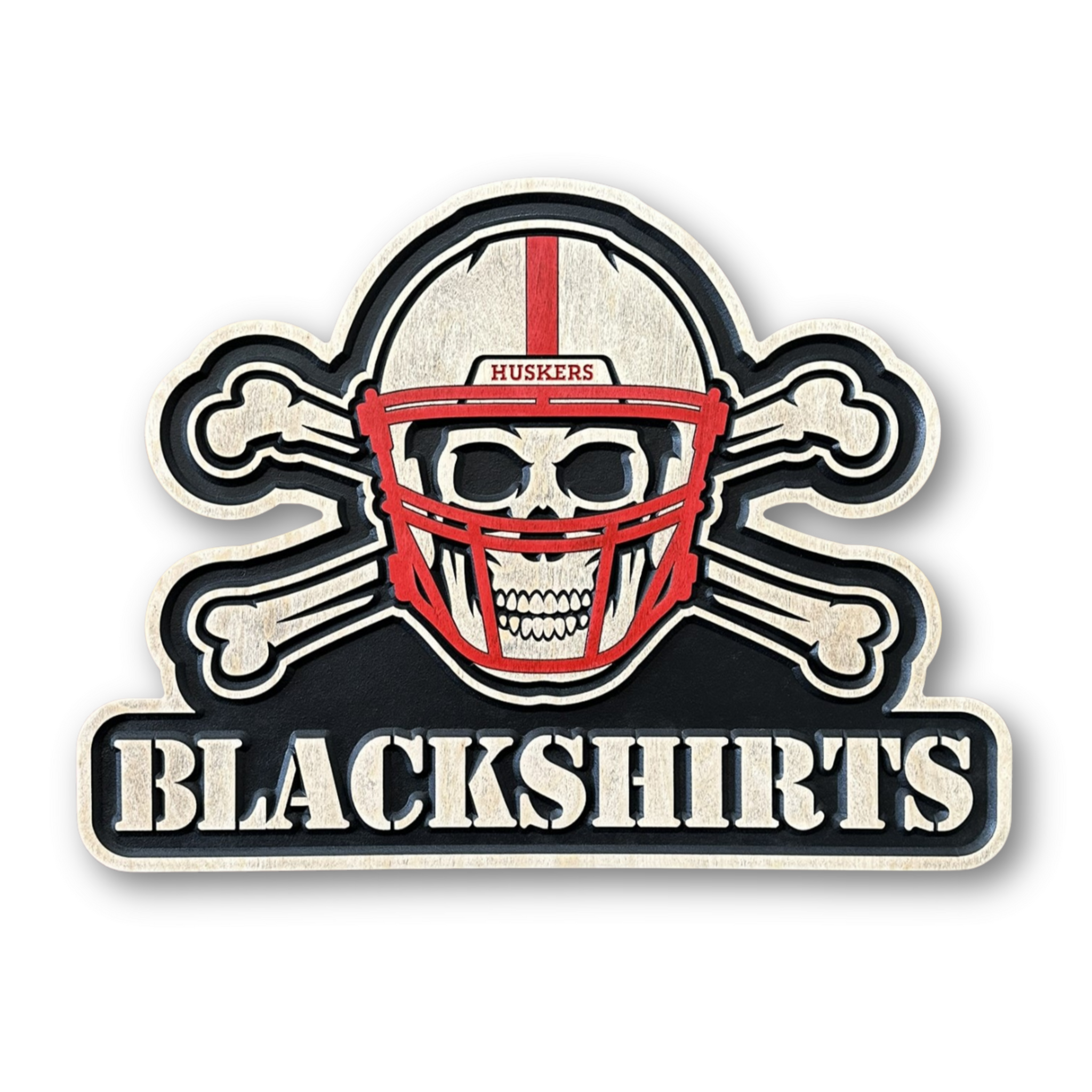 Nebraska Blackshirts skull and crossbones wood sign on white background