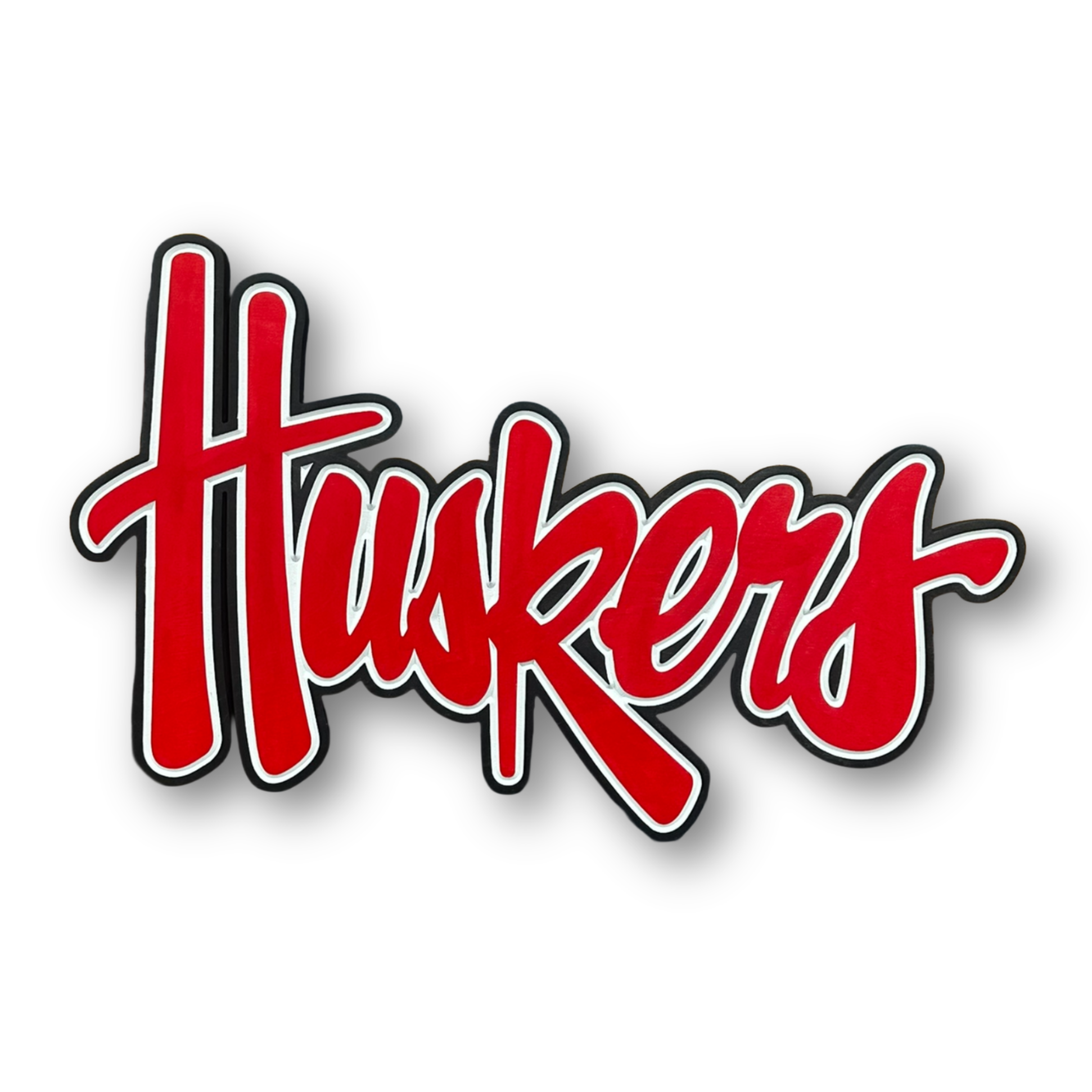 Nebraska Huskers red script 3D wood sign with black wood-stain border