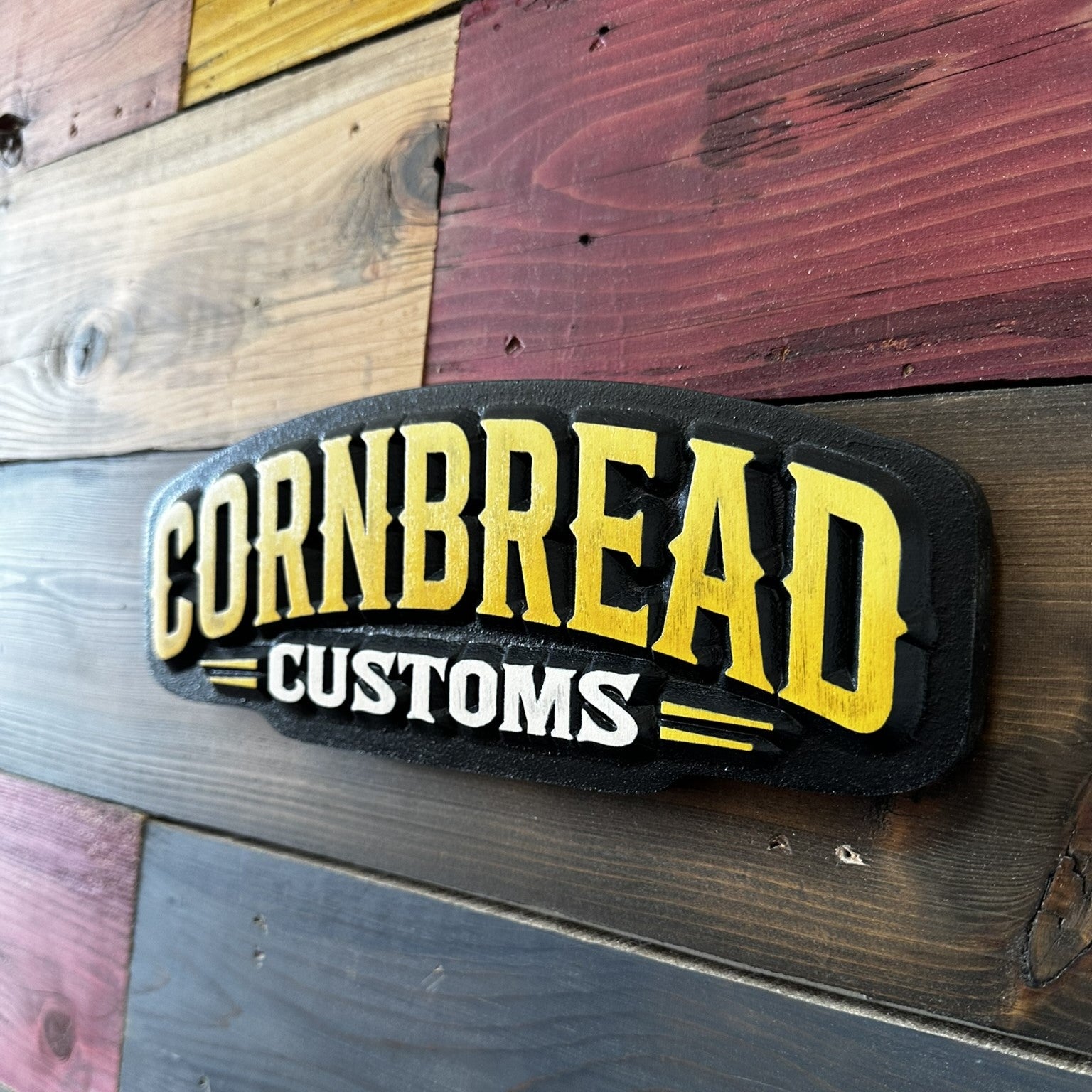 Customs yellow black and white wood sign for garage workshop or shop wall