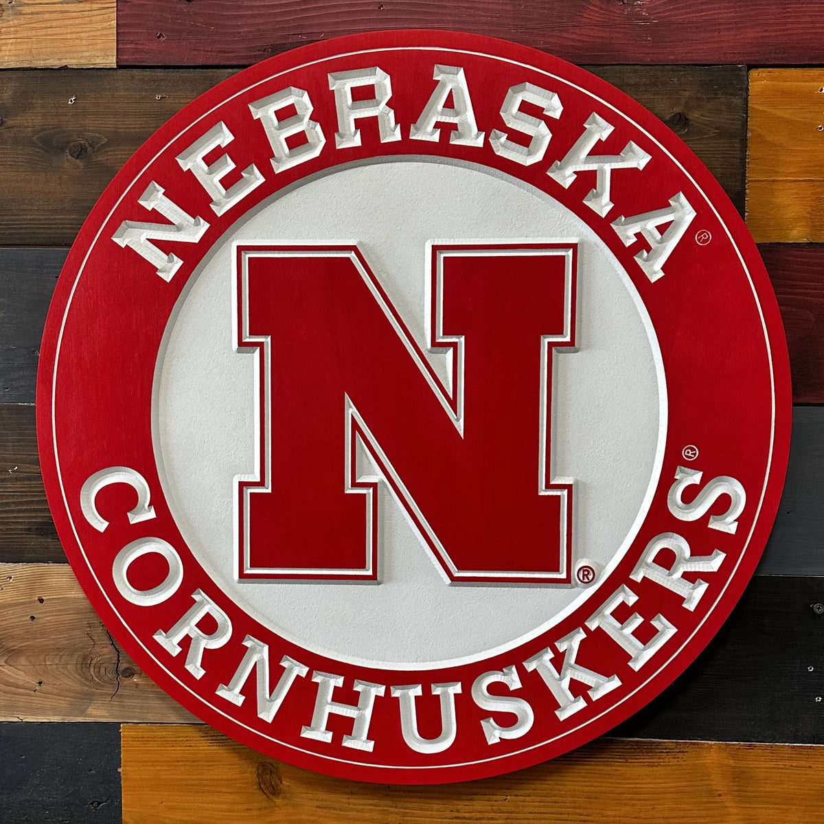Unl Sign Nebraska Red & White Round Wood Sign - 24