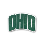 Handcrafted Ohio University Bobcats OHIO 3D carved wood sign with green stained lettering on white background
