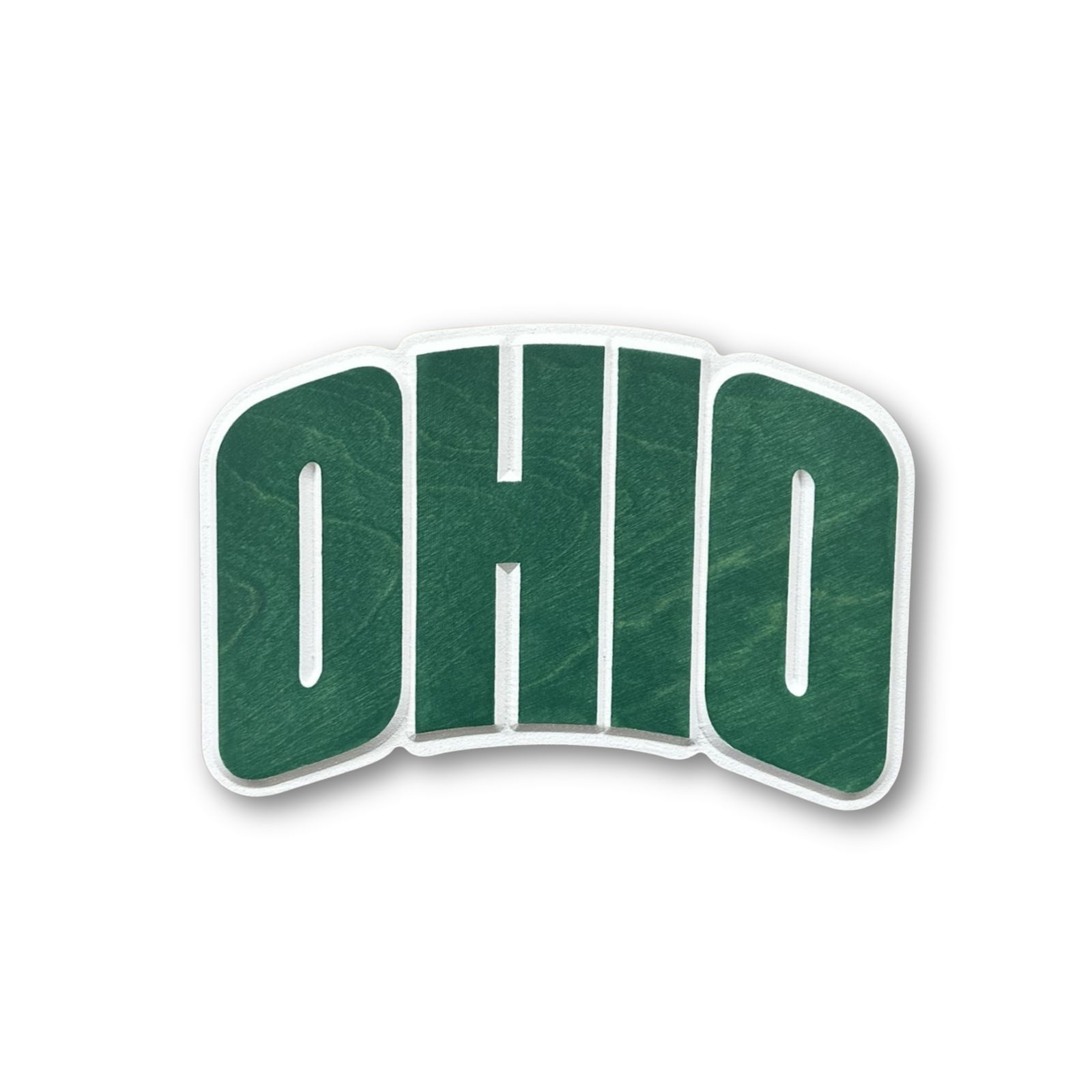 Handcrafted Ohio University Bobcats OHIO 3D carved wood sign with green stained lettering on white background