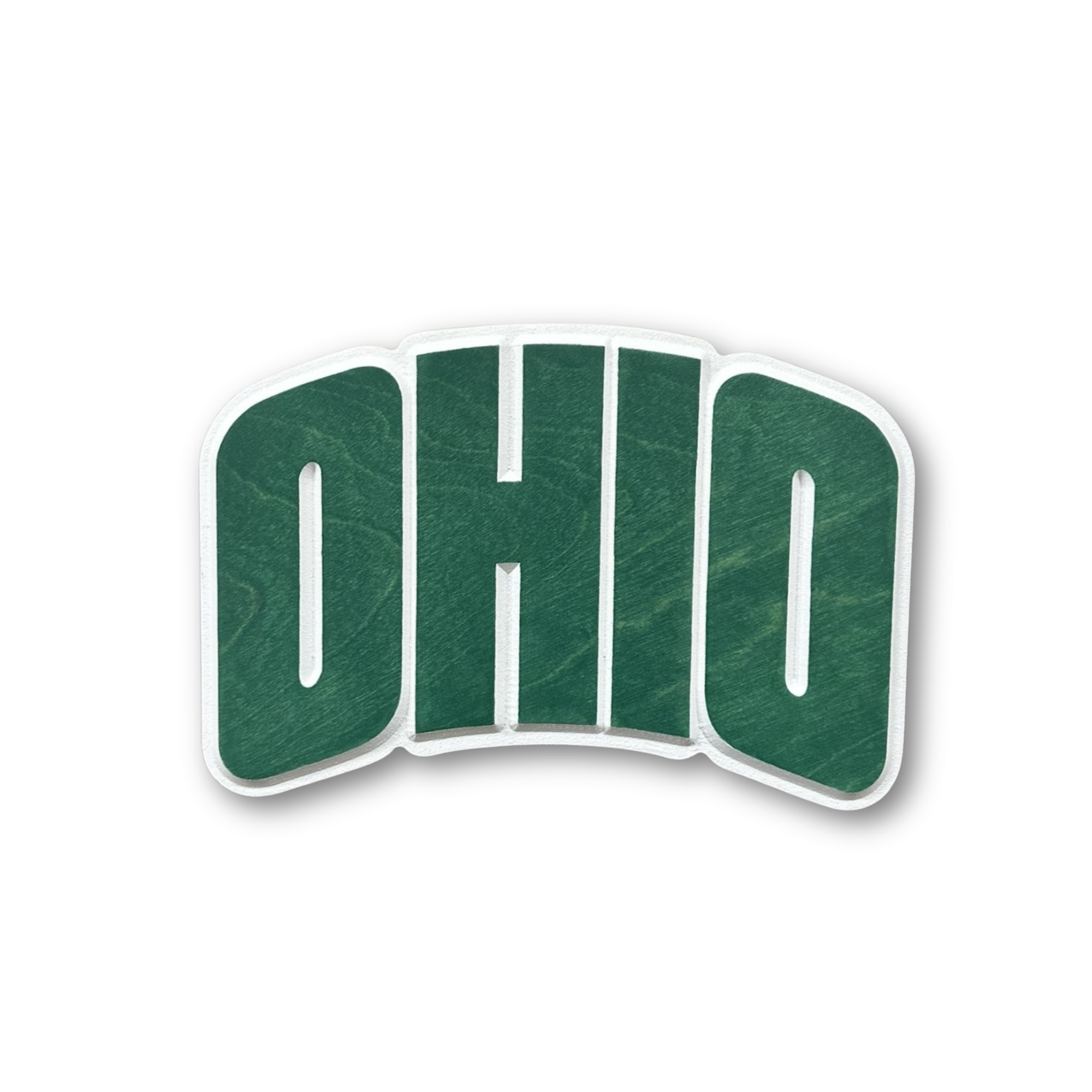 Handcrafted Ohio University Bobcats OHIO 3D carved wood sign with green stained lettering on white background