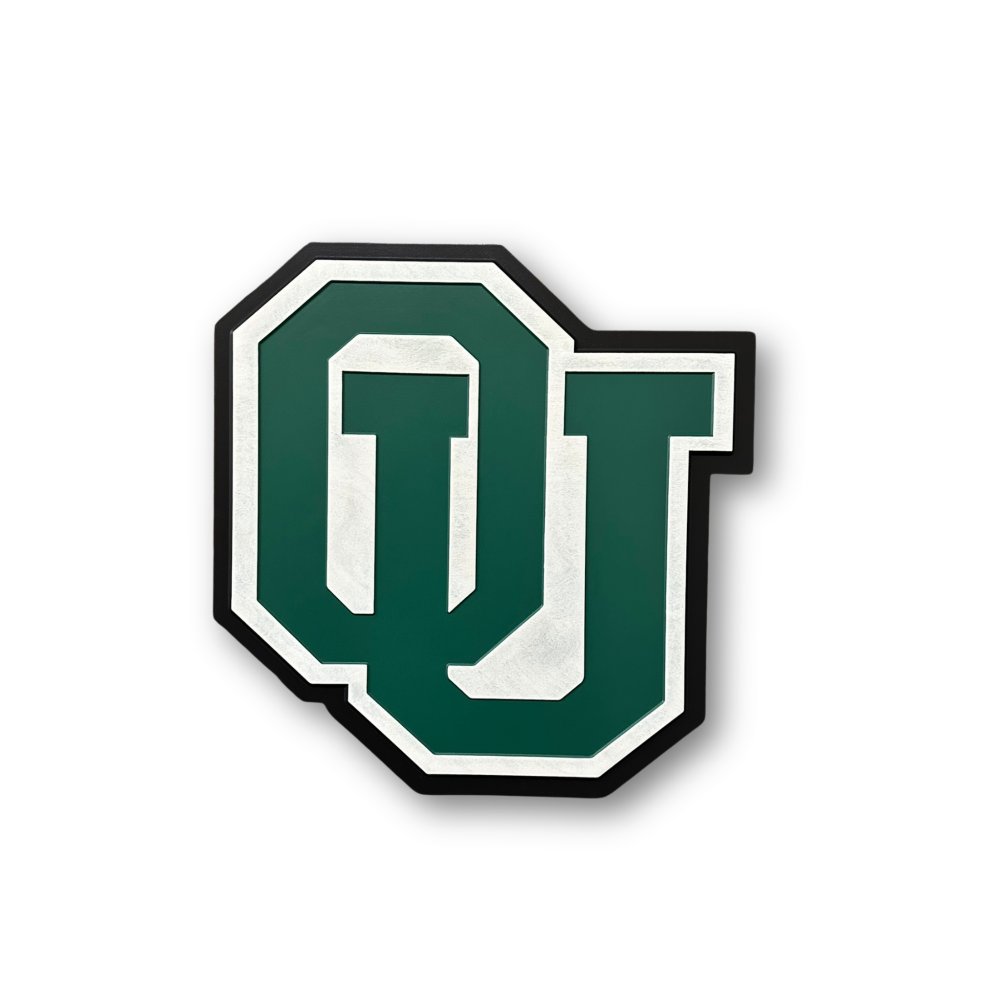 Ohio University OU carved wood wall sign with layered green collegiate lettering displayed on white background