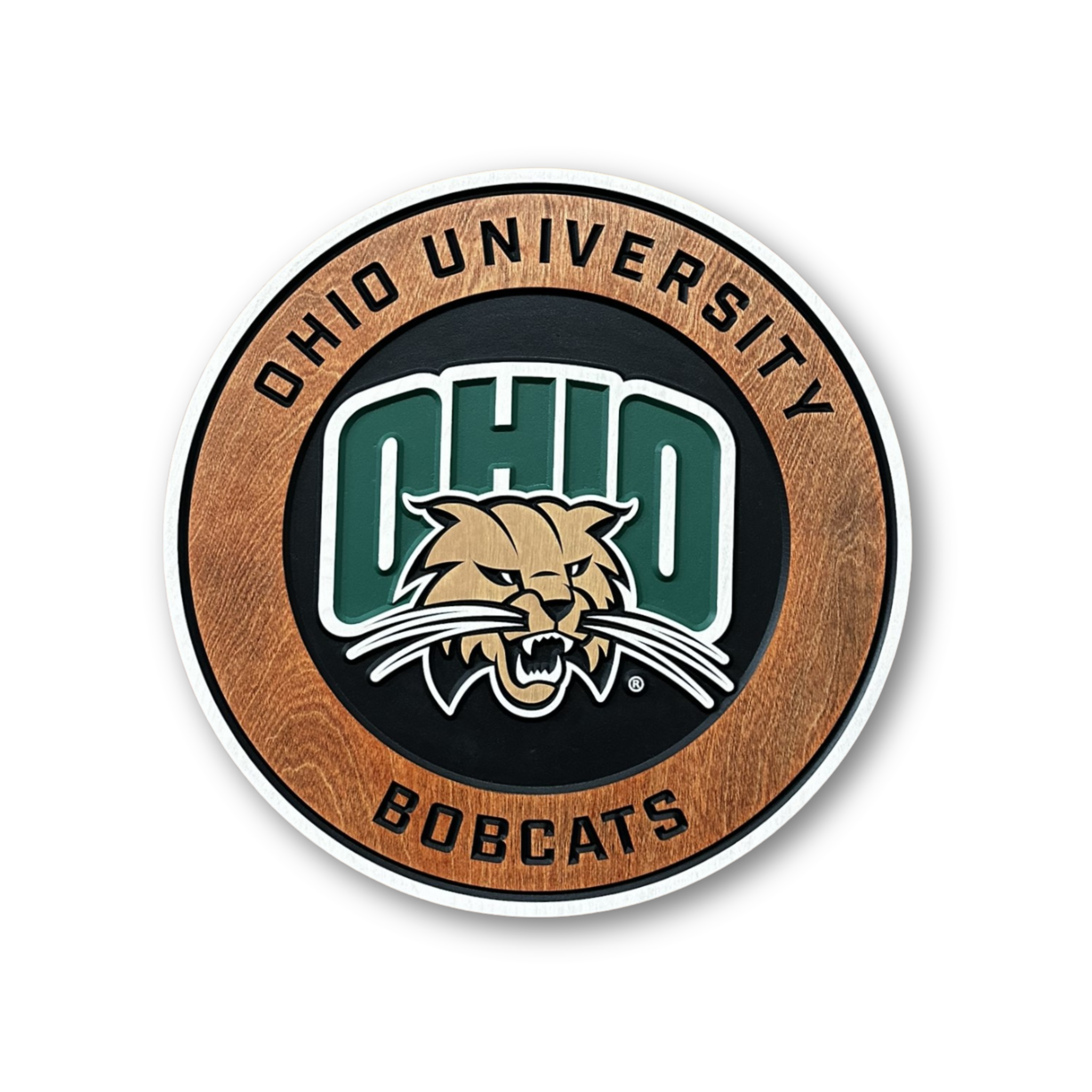 Round Ohio University Bobcats carved wood wall sign featuring layered green OHIO lettering and Bobcat logo on clean white background