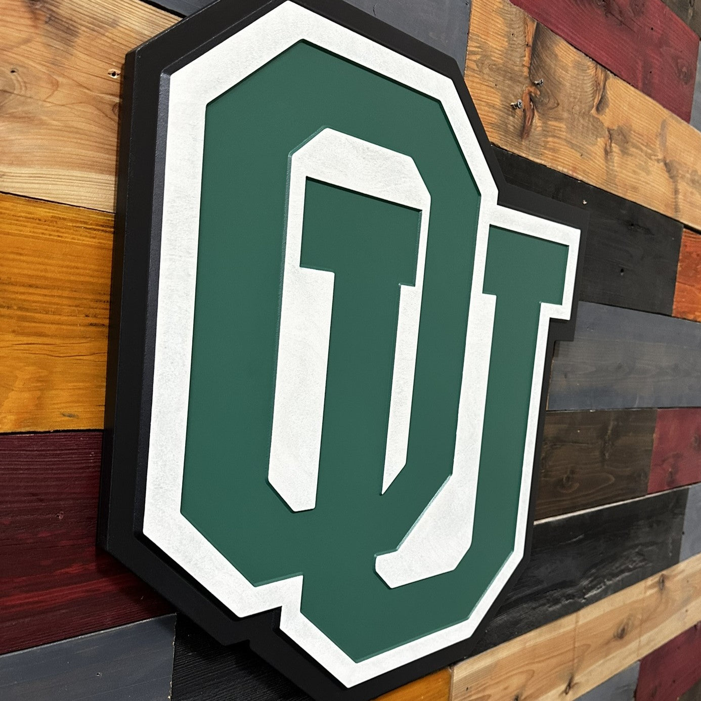 Angled front view of Ohio University OU wooden wall art showing dimensional carving and bold collegiate styling