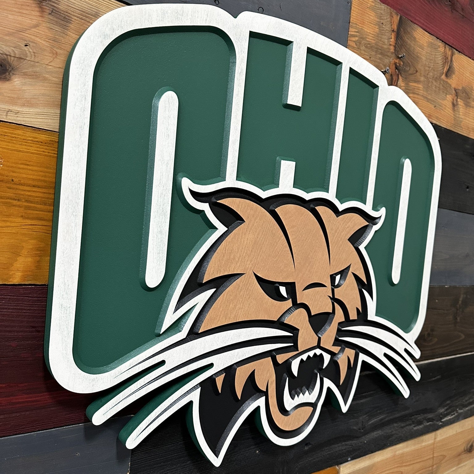 Close up detail of Rufus the Bobcat mascot featuring layered carved facial features and painted dimensional outlines