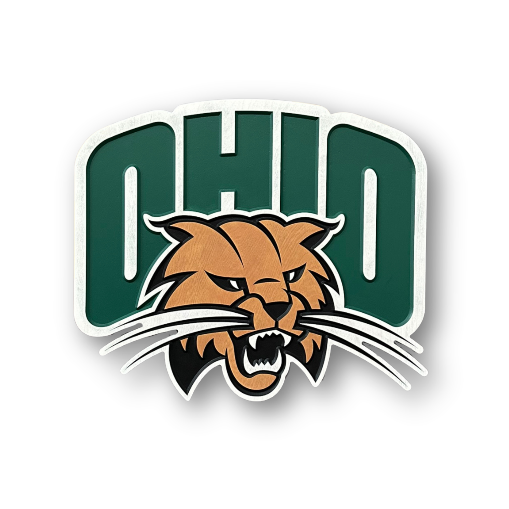 Ohio University OHIO carved wood wall sign featuring Rufus the Bobcat mascot with layered dimensional detail on white background