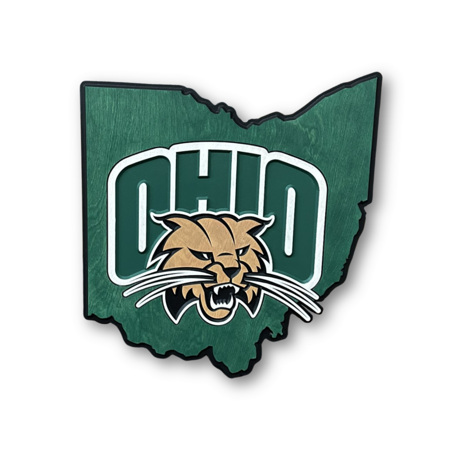 Ohio shaped Ohio University carved wood wall sign featuring Rufus the Bobcat mascot and layered OHIO collegiate lettering on white background