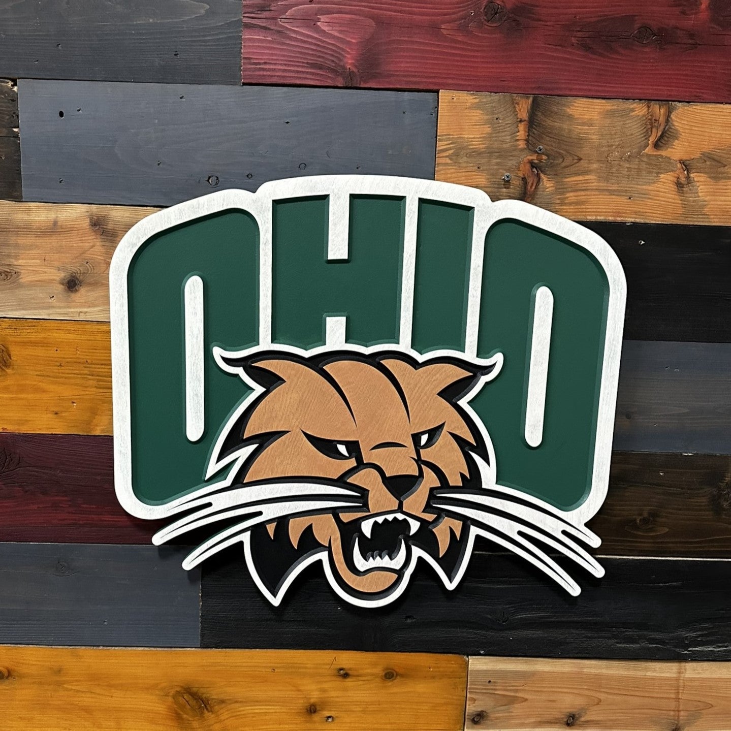 Angled front view of Ohio University Rufus Bobcat wood wall art showing dimensional mascot carving and bold green collegiate lettering