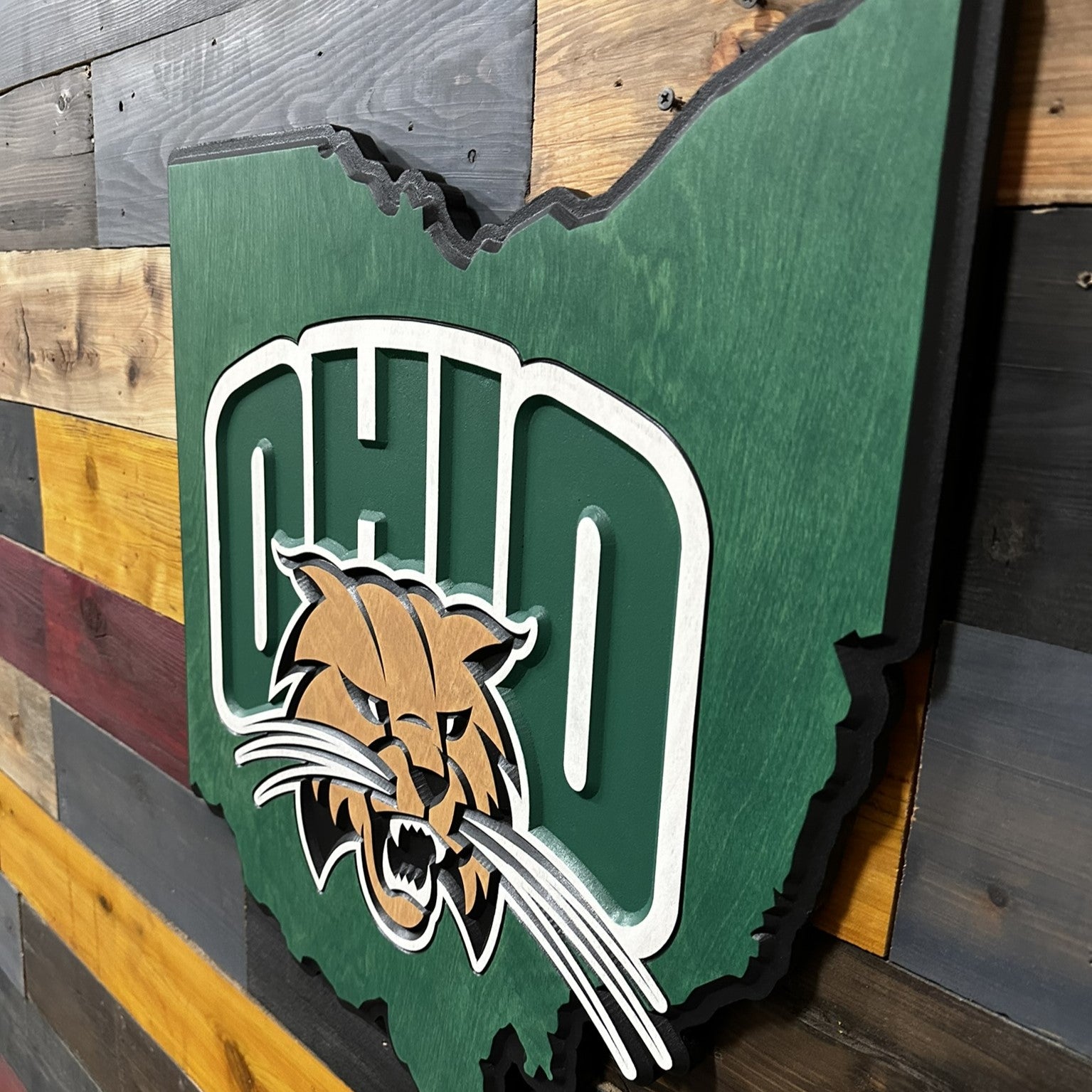 Close up detail of Rufus the Bobcat mascot layered over Ohio University OHIO lettering with dimensional carved depth