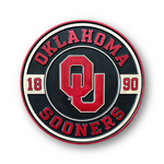 Officially licensed Oklahoma Sooners 1890 round wood sign featuring the iconic OU logo and handcrafted wall decor design
