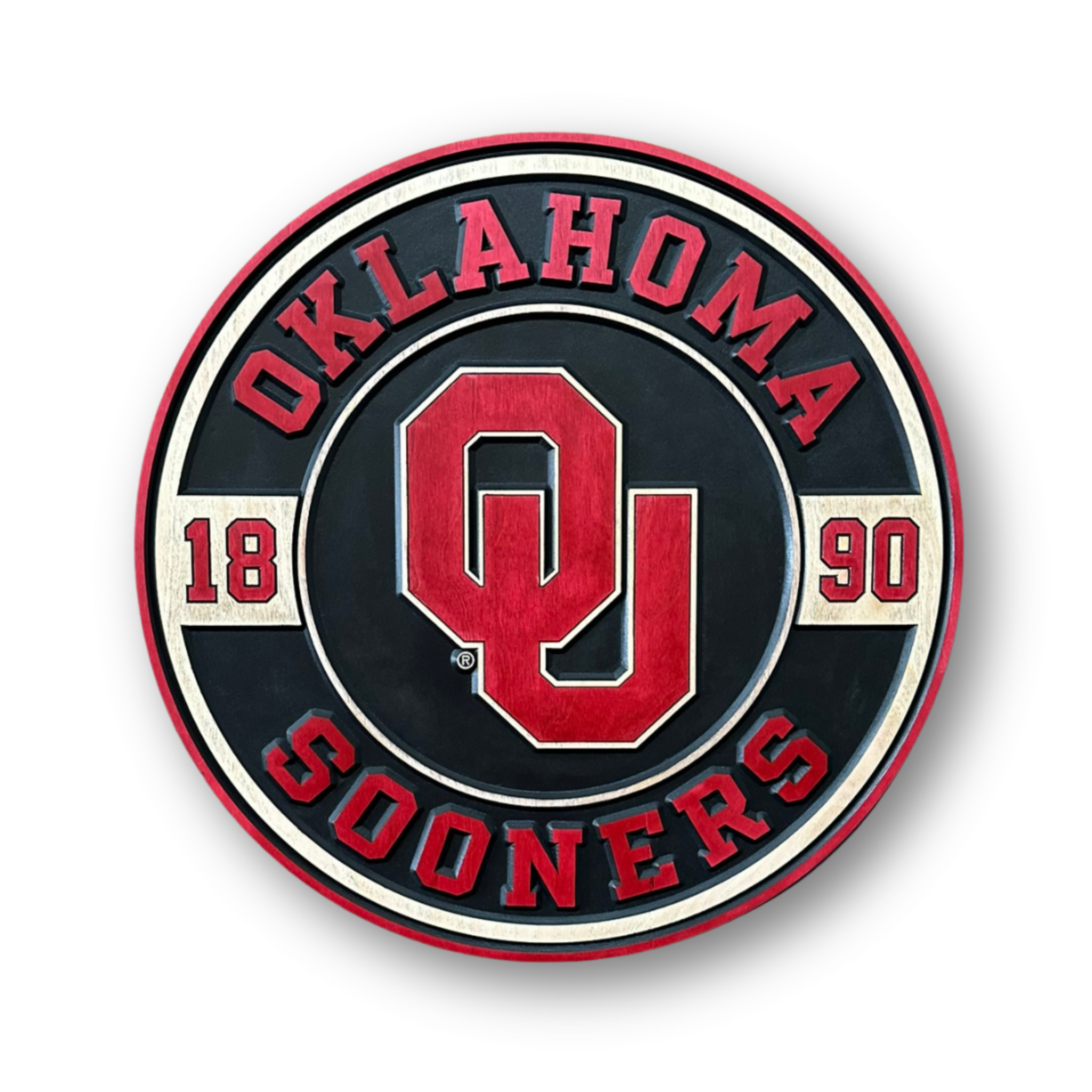 Officially licensed Oklahoma Sooners 1890 round wood sign featuring the iconic OU logo and handcrafted wall decor design