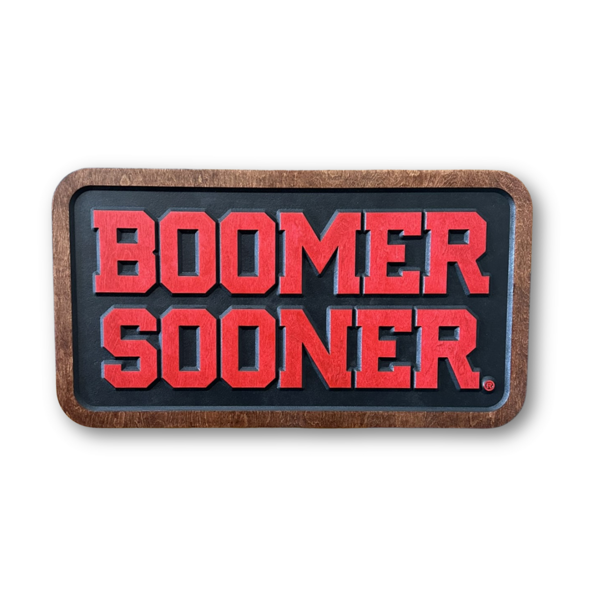 Oklahoma Sooners Boomer Sooner wood sign on white background