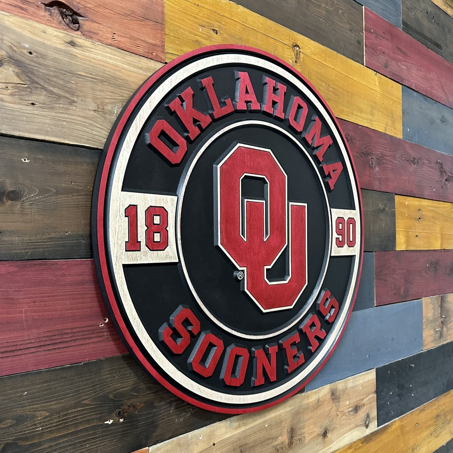 Oklahoma Sooners fan cave wood sign featuring the iconic OU logo and university founding year 1890