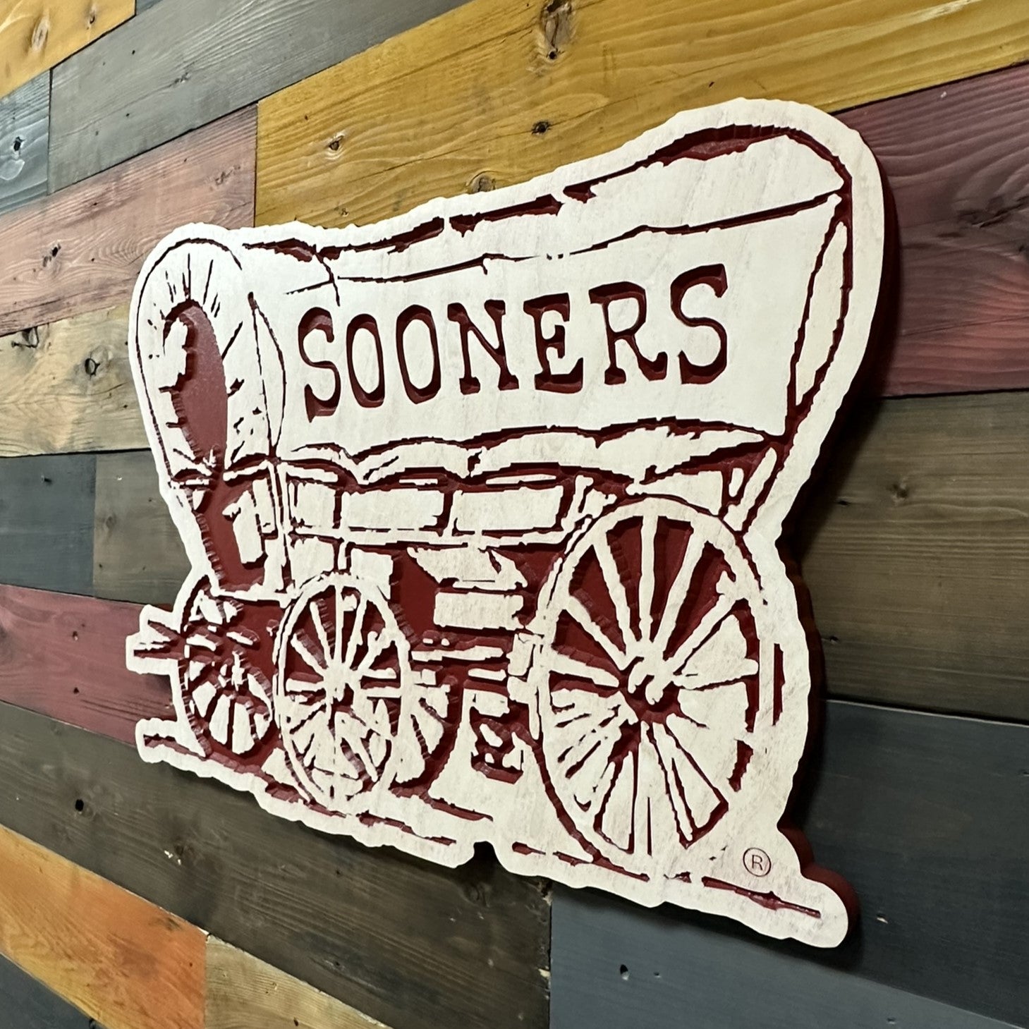 Oklahoma Sooners fan cave wall decor featuring the historic Sooner Schooner design