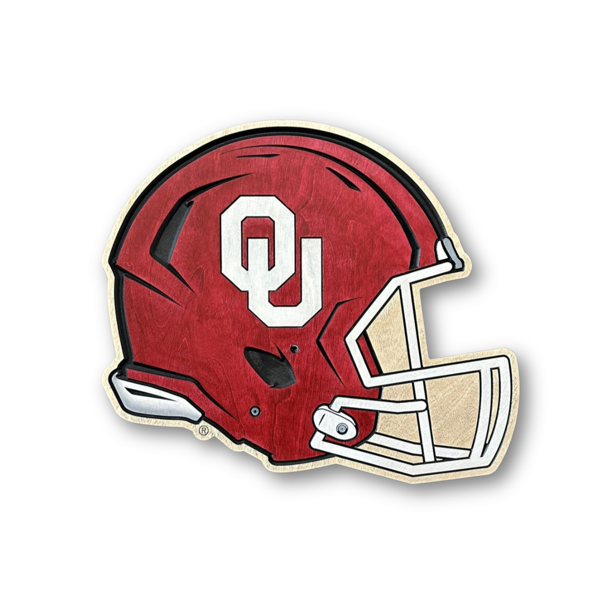 Officially licensed Oklahoma Sooners football helmet handcrafted wood wall art featuring the classic crimson helmet with the white OU logo.