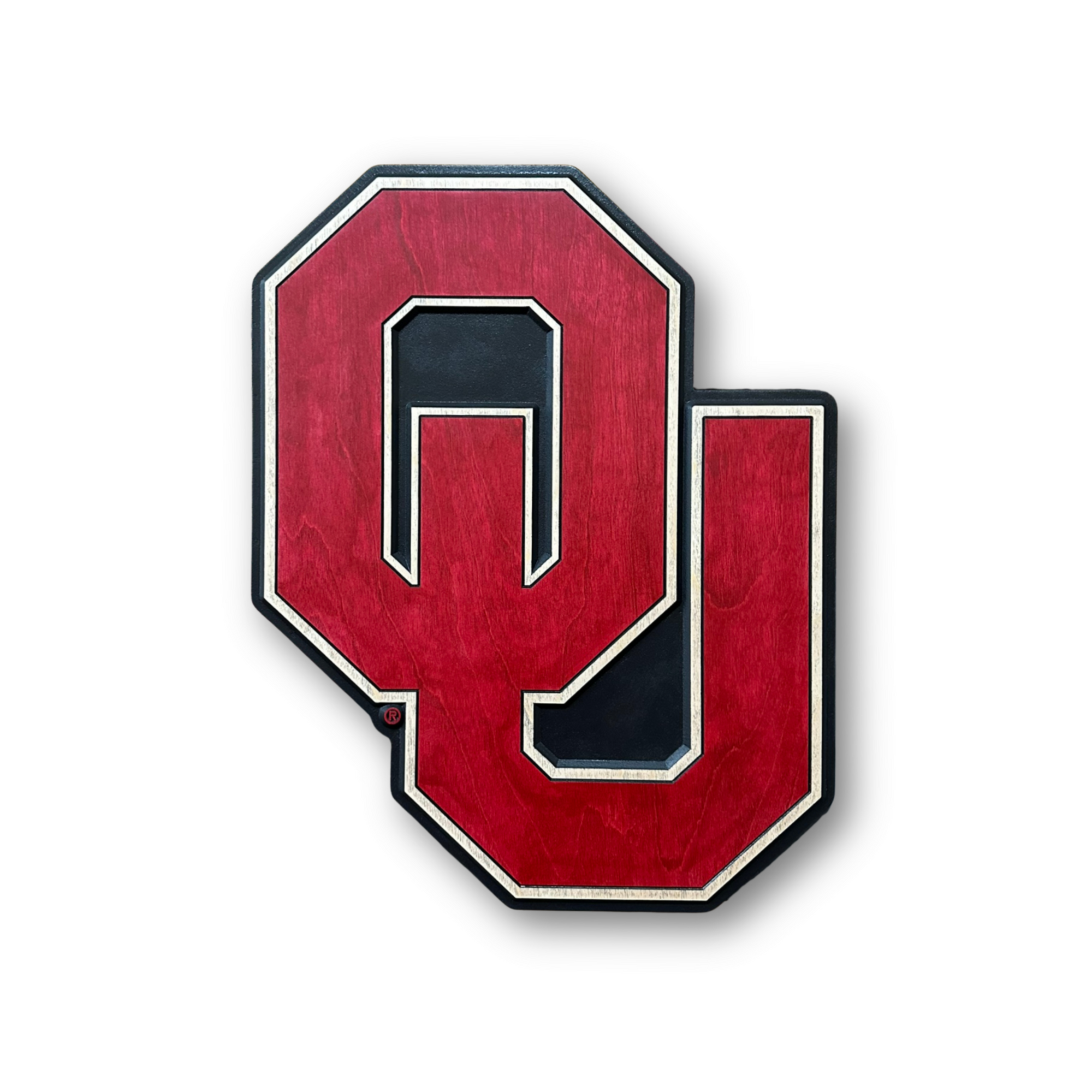 Officially licensed Oklahoma Sooners OU logo wood sign featuring the iconic interlocking OU emblem handcrafted in Nebraska