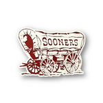 Officially licensed Oklahoma Sooners Schooner wood sign handcrafted wall art featuring the iconic covered wagon logo