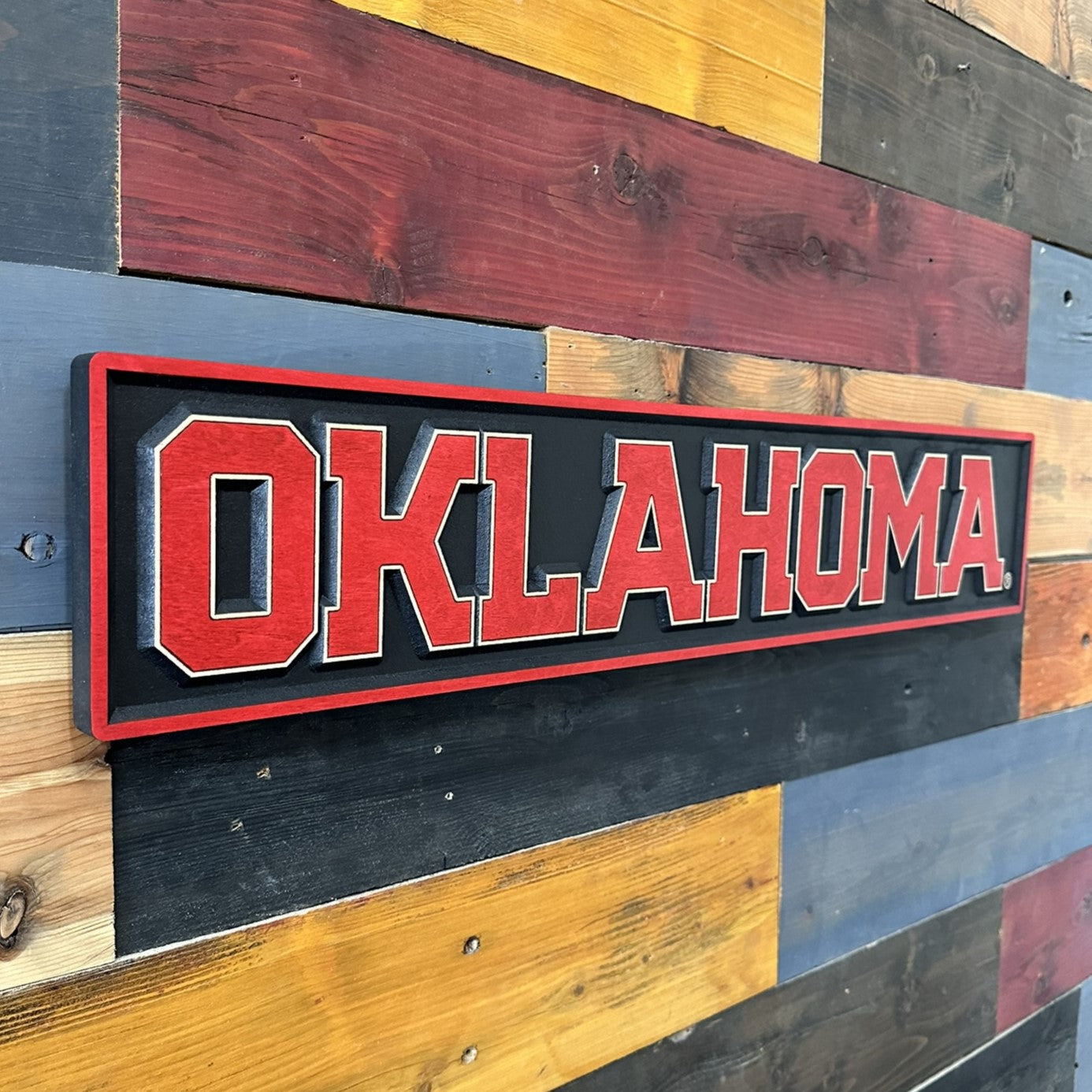 Oklahoma Sooners crimson and black wall art handcrafted in Nebraska