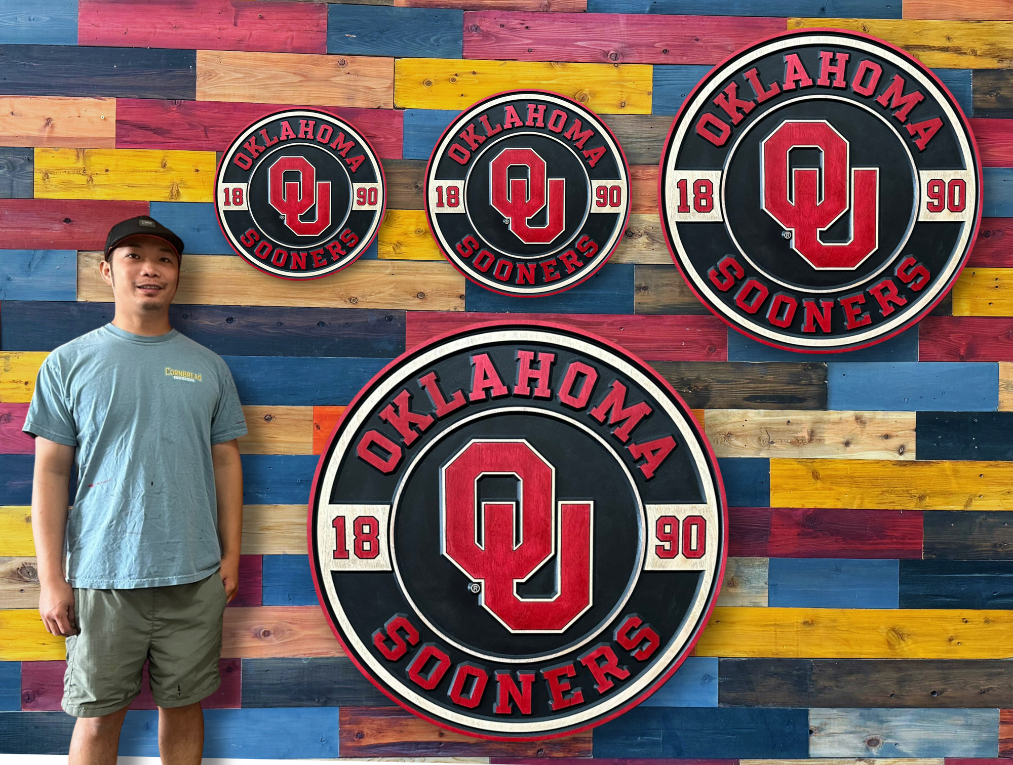 Official Oklahoma Sooners wall art handcrafted from wood with layered CNC carved details and OU logo sizing