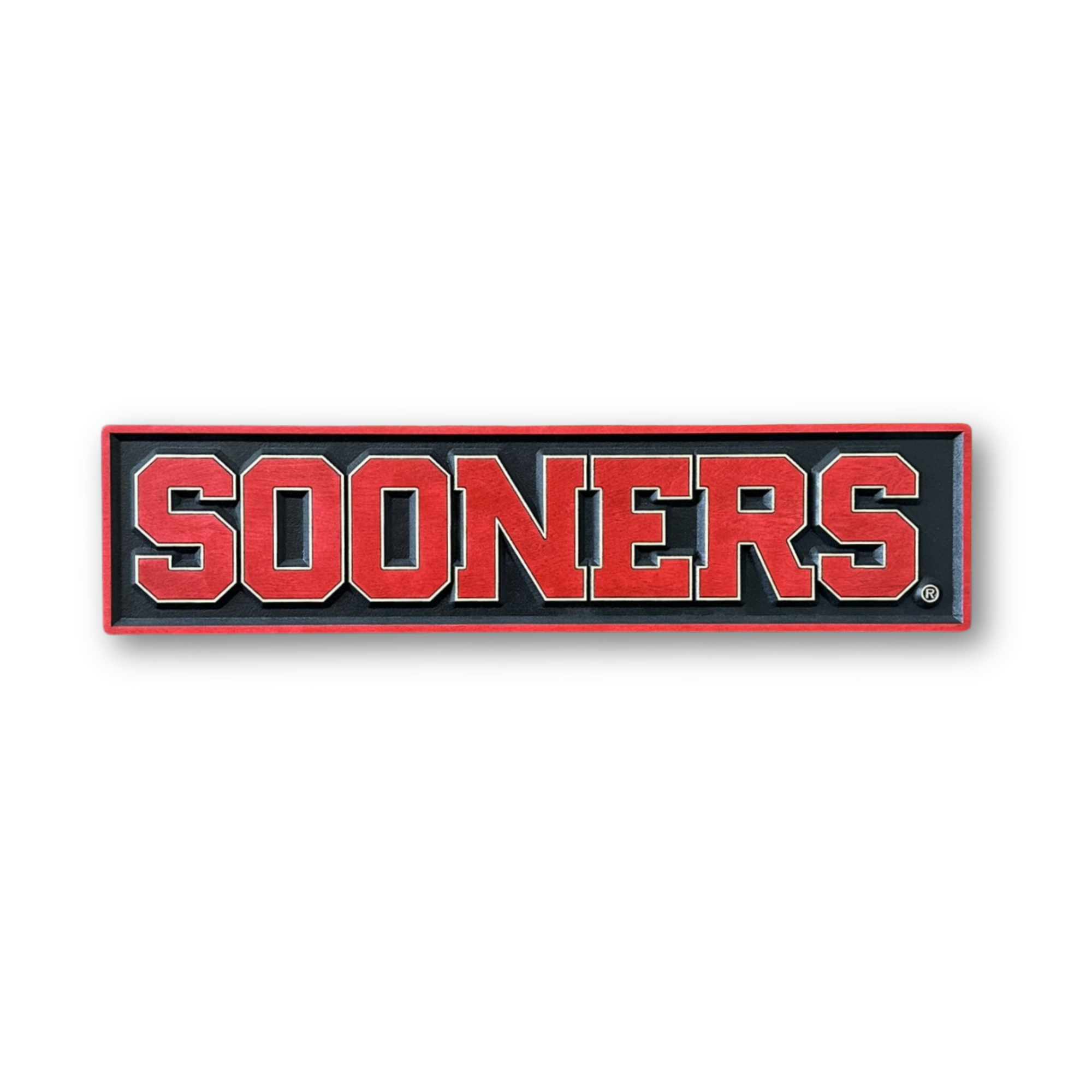 Oklahoma Sooners wood sign with crimson lettering on white background