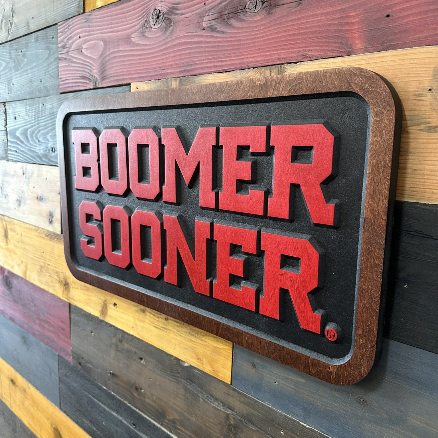 Officially licensed OU Boomer Sooner wood sign