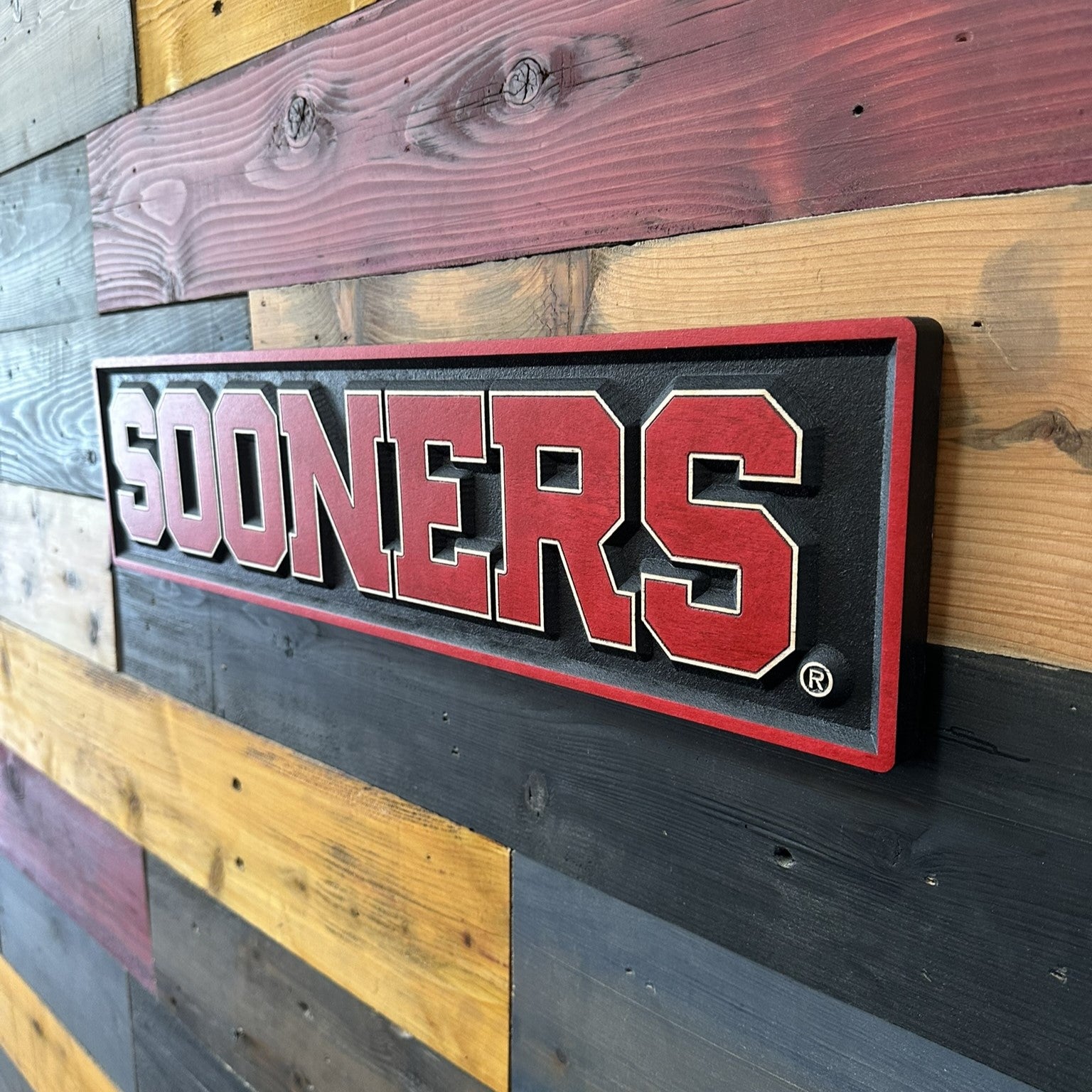 Officially licensed OU Sooners wood wall art handcrafted in Nebraska