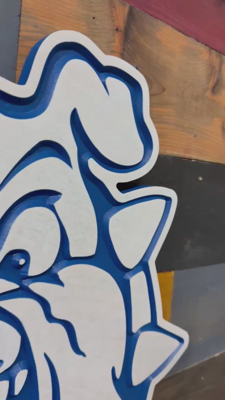 Video showing the dimensional carving and handcrafted details of the Fresno State Bulldogs mascot wood sign
