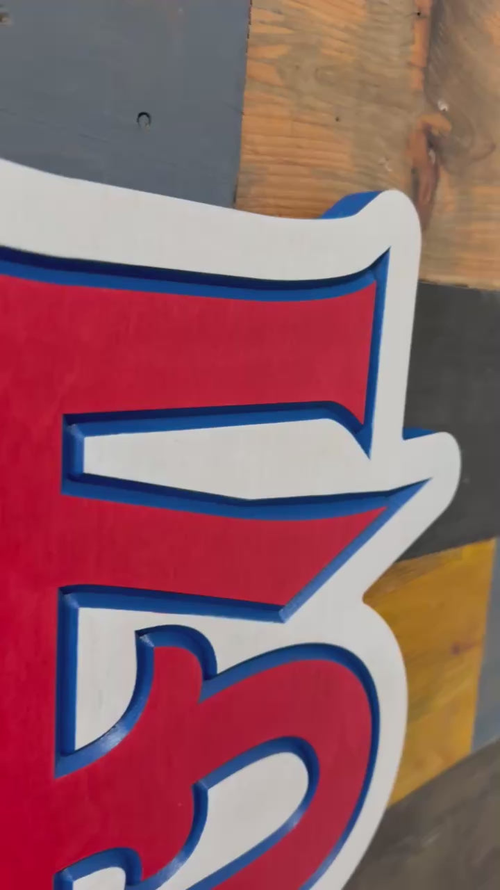 Handcrafted Fresno State Bulldogs FS wooden sign showing carved and painted details