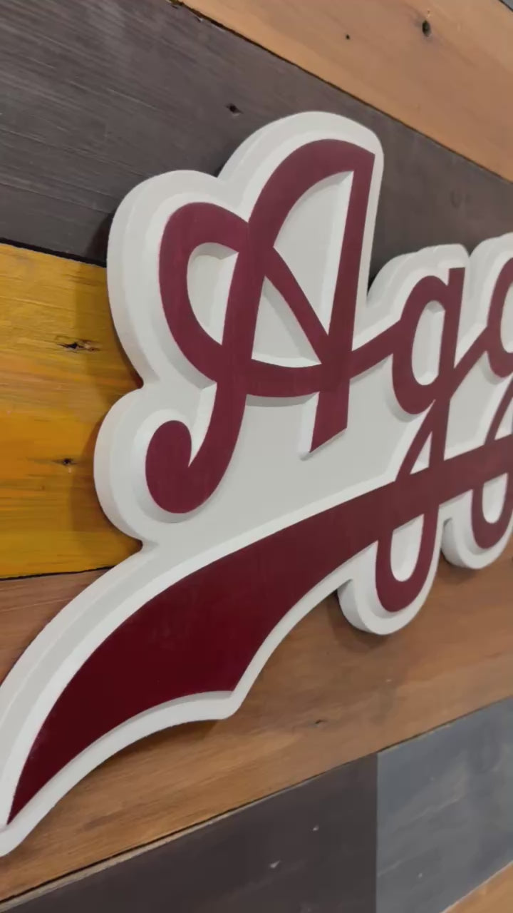 Video showcasing a handcrafted Texas A&M Aggies Script Wood Sign