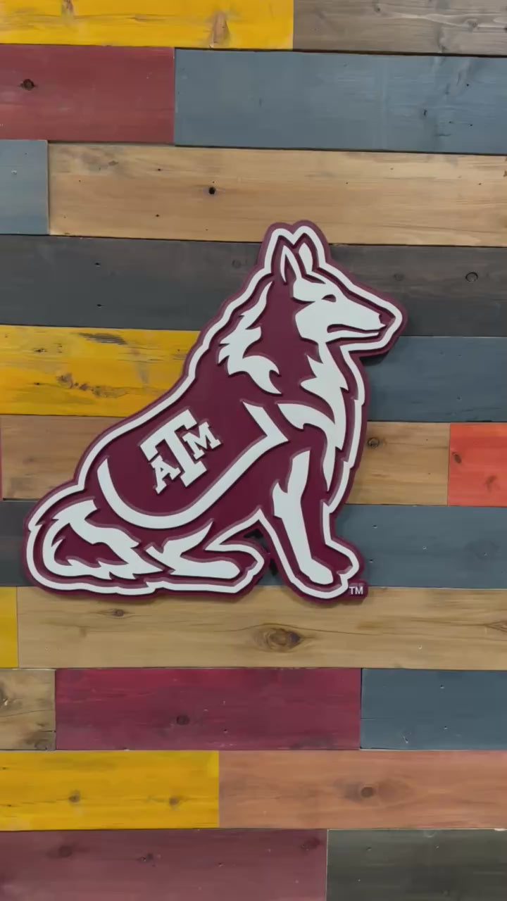 Video showcasing a handcrafted Texas A&M Reveille Mascot Wood Sign