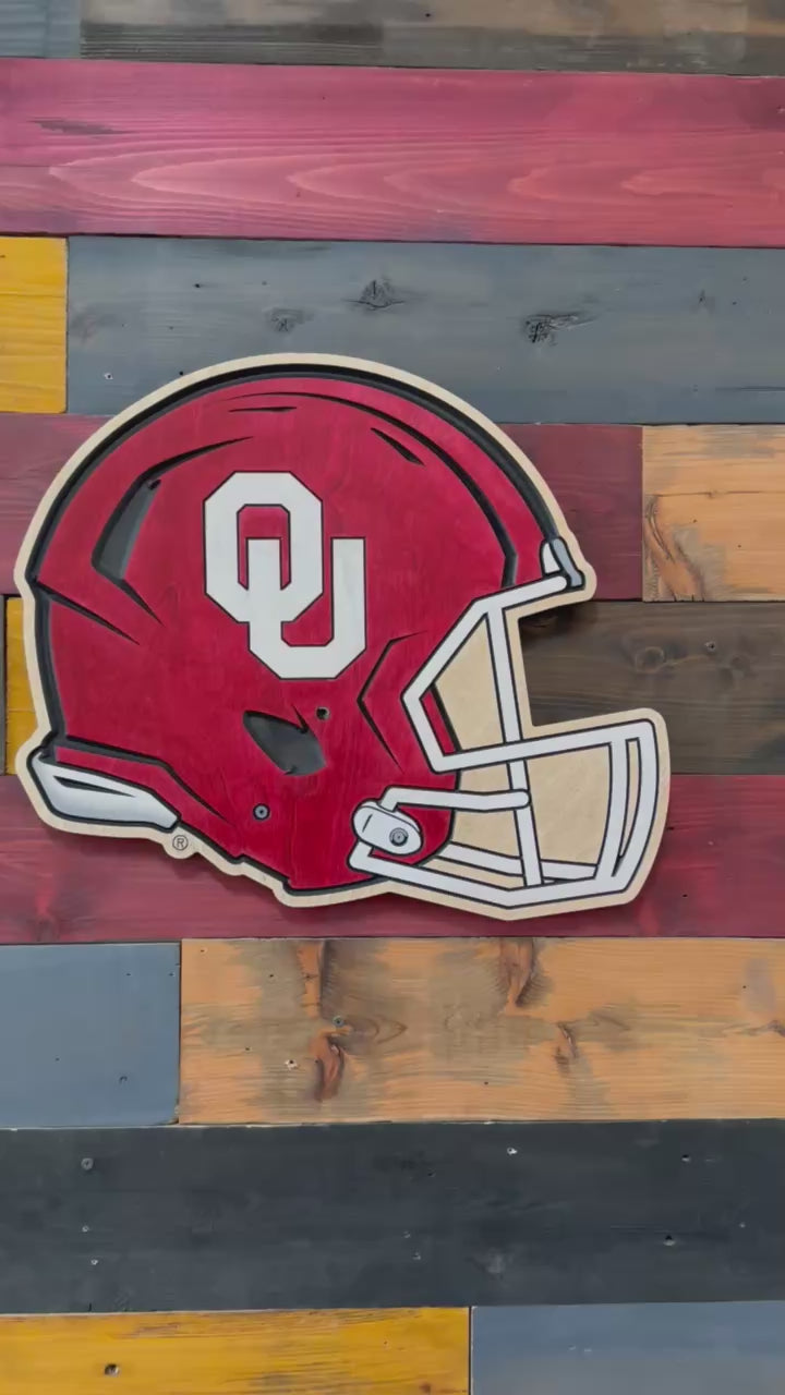 Take a closer look at the craftsmanship behind our officially licensed Oklahoma Sooners Helmet sign. Every piece is precision carved, hand-painted, and hand-stained in Nebraska to showcase natural wood grain and layered depth.