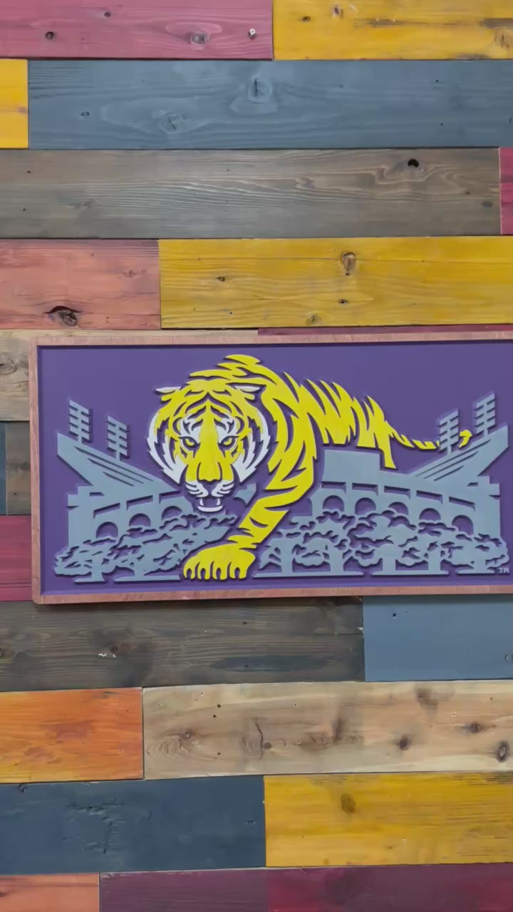 Video showcasing dimensional carving depth and handcrafted LSU Mike the Tiger artwork stepping through Tiger Stadium in Death Valley