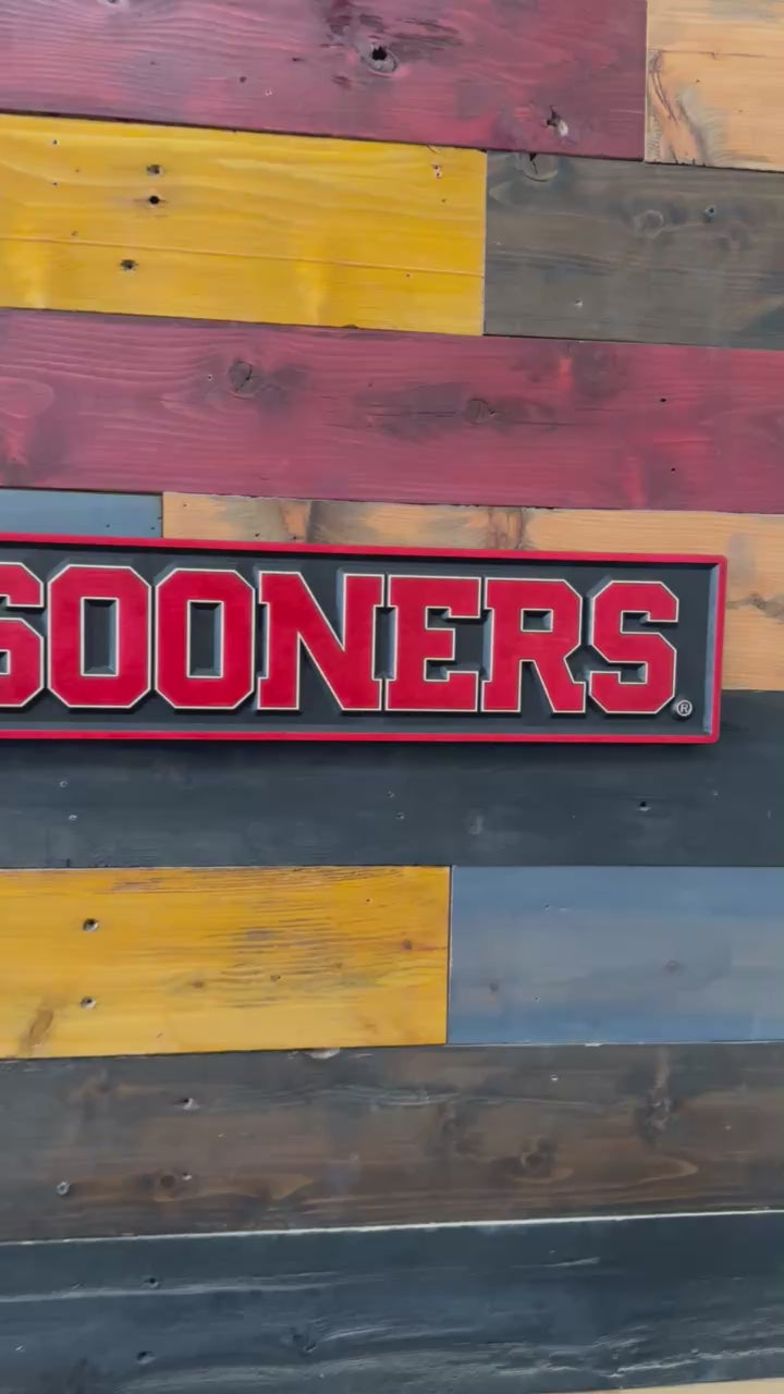 Handcrafted Oklahoma Sooners wood sign in crimson and black