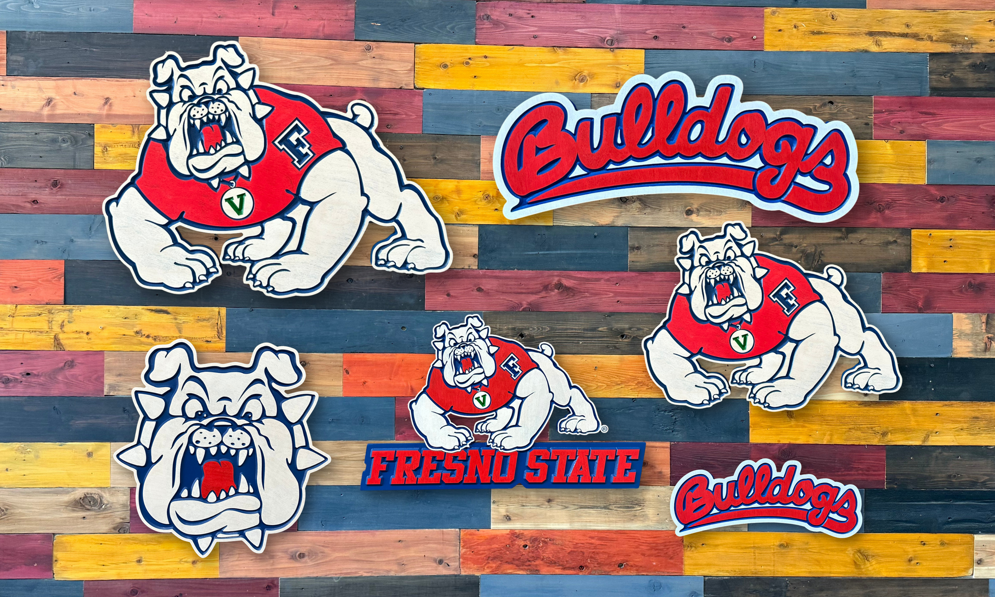 Video showing the dimensional carving and handcrafted details of the Fresno State Bulldogs Victor E. Bulldog wood sign