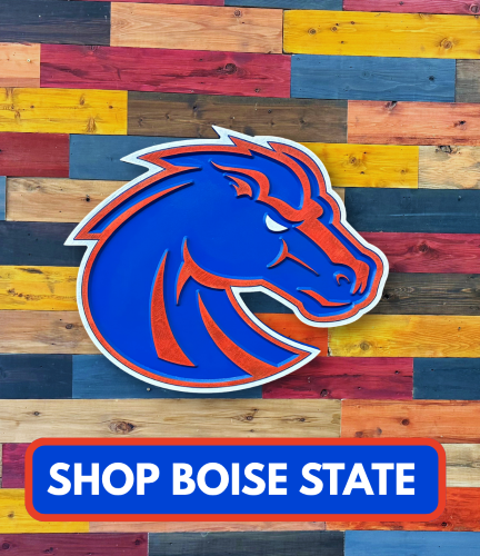 Video showing the dimensional carving and handcrafted details of the Boise State Broncos wood sign