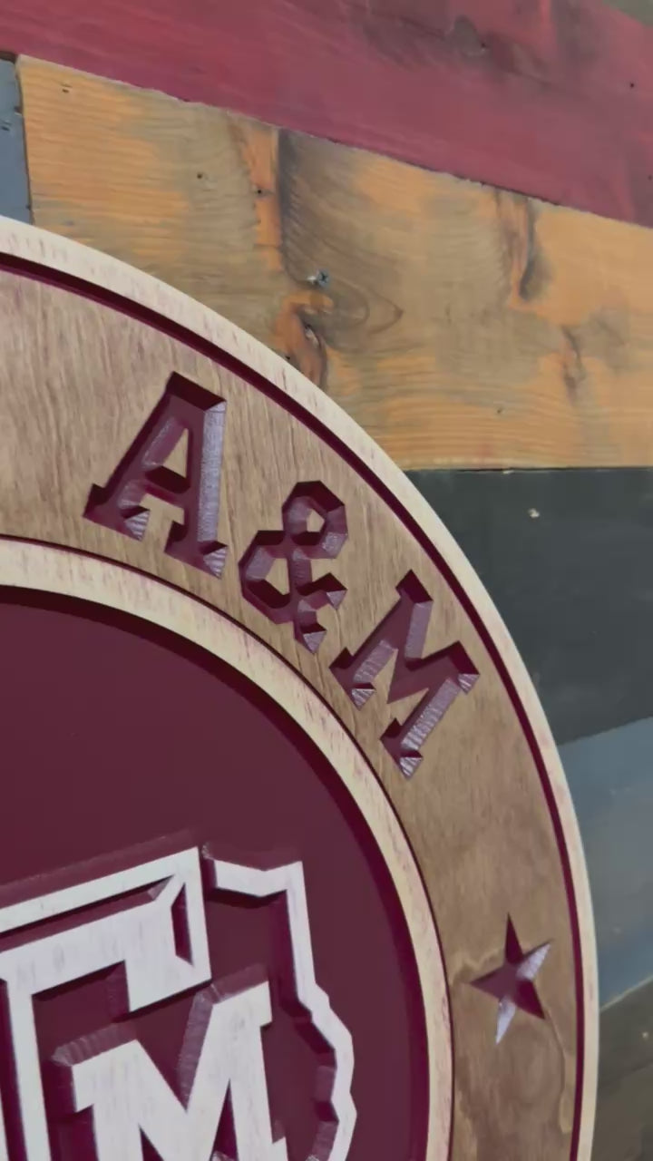 Video showing the dimensional carving and handcrafted details of the Texas A&M Aggies round wood sign