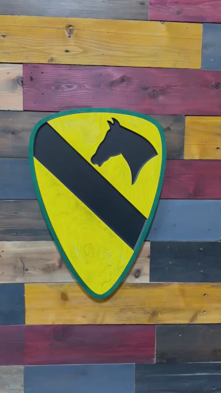 Video overview of officially licensed US Army 1st Cavalry Division green border carved wood sign