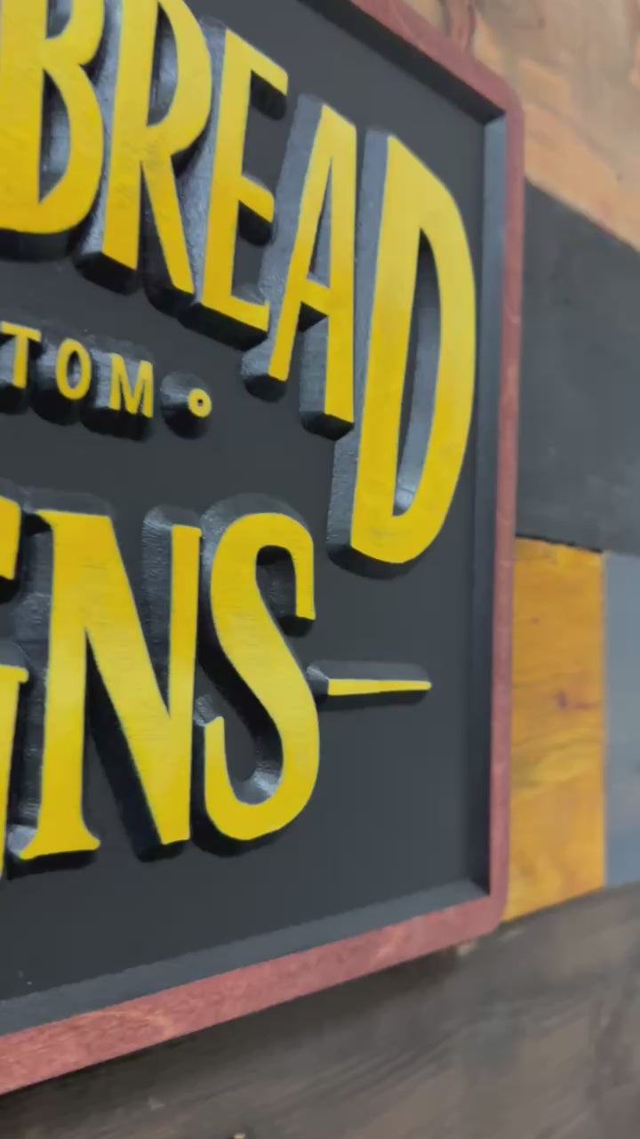Handcrafted Cornbread Custom Signs retro yellow and black carved wood sign