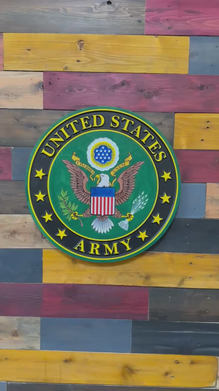 Video showcasing officially licensed United States Army wood sign with carved depth hand-painted details and size options by Cornbread Custom Signs