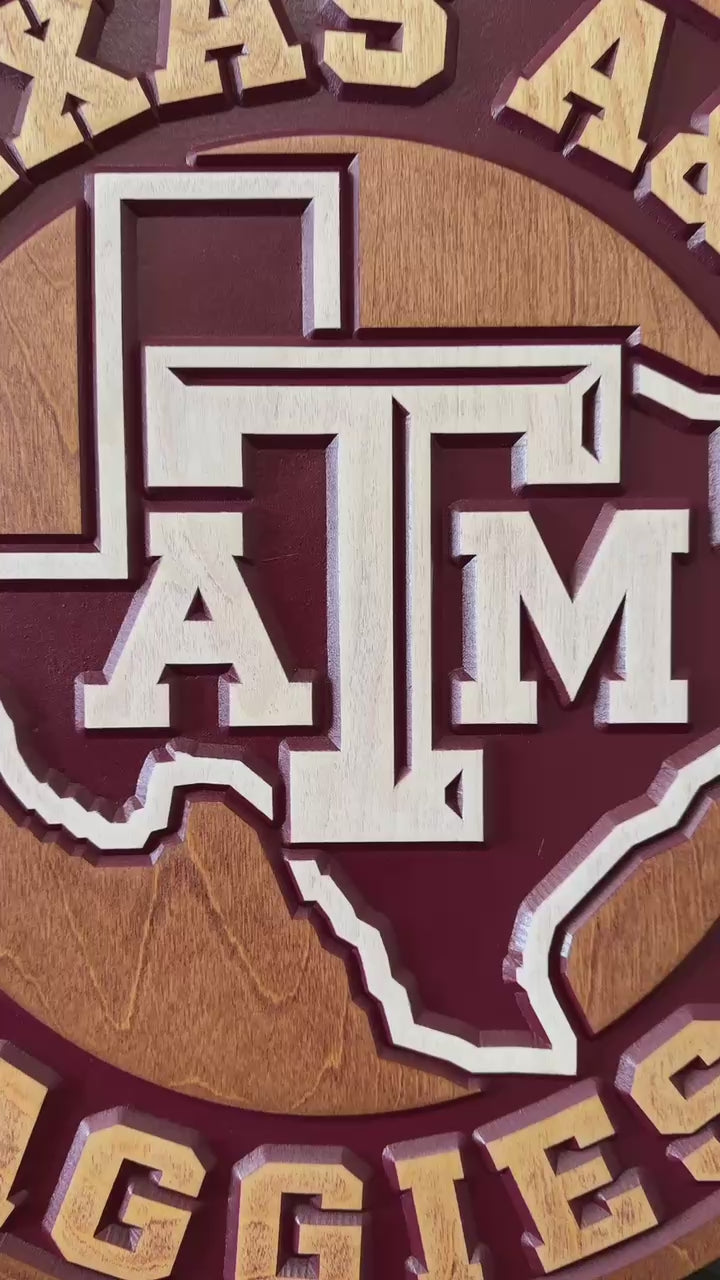 Video of Texas A&M Aggies state shape 3D carved wood round sign