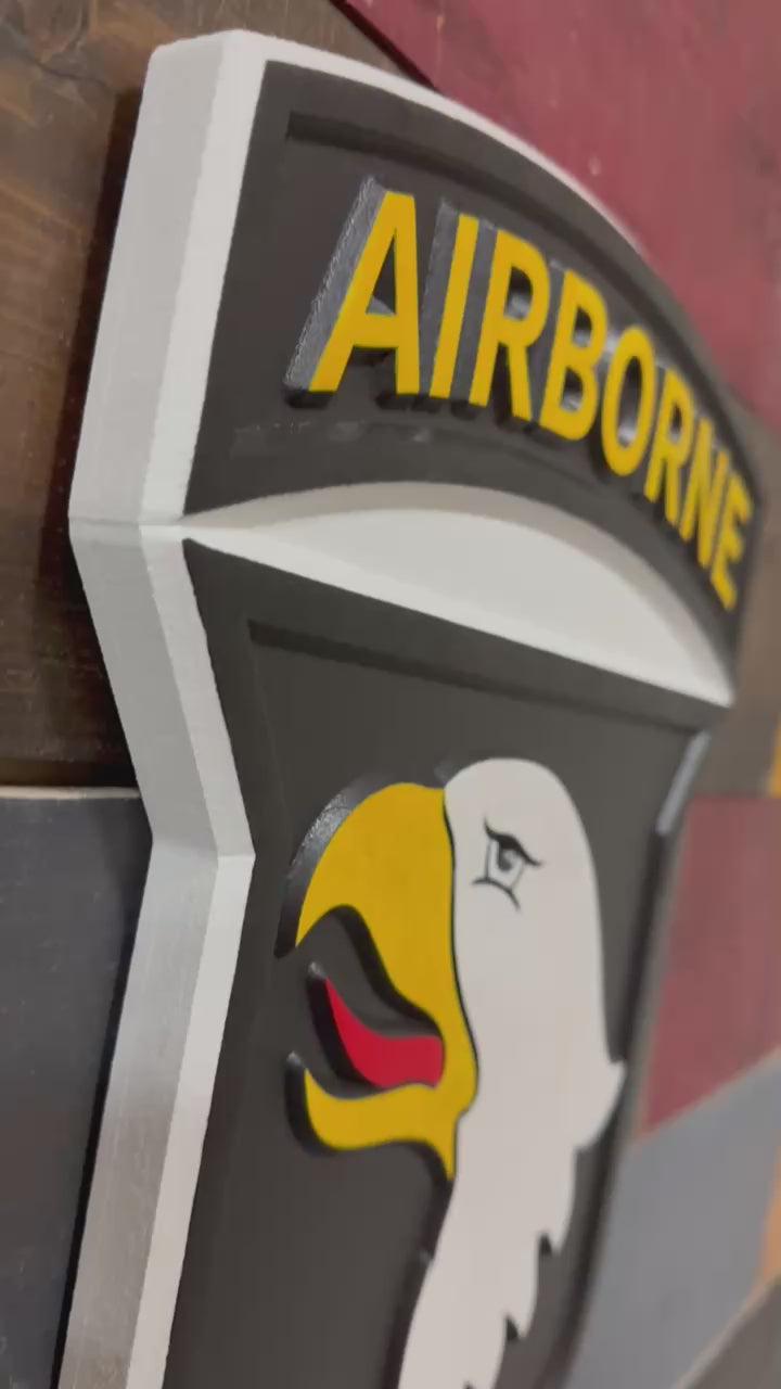 Officially licensed 101st Airborne Division Screaming Eagles carved wood wall sign showing dimensional depth and hand painted detail