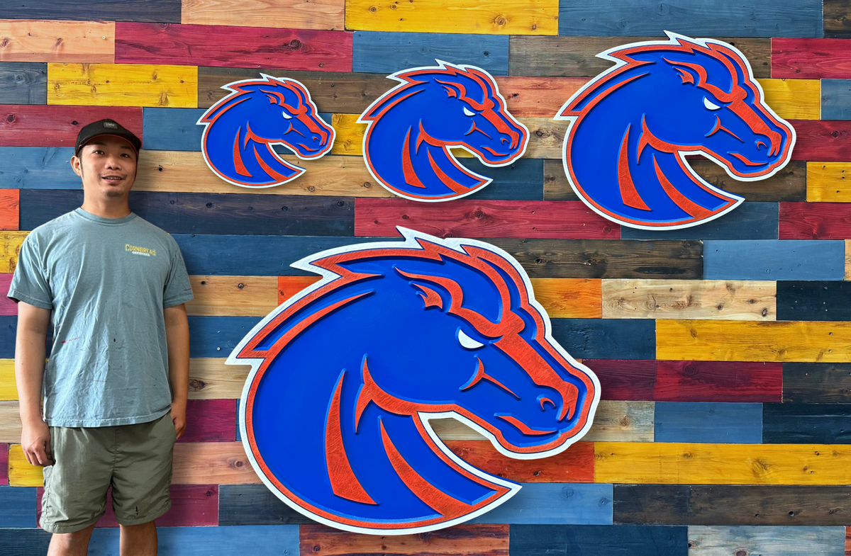 Dimensional Boise State Broncos carved wood sign showing raised and recessed logo details