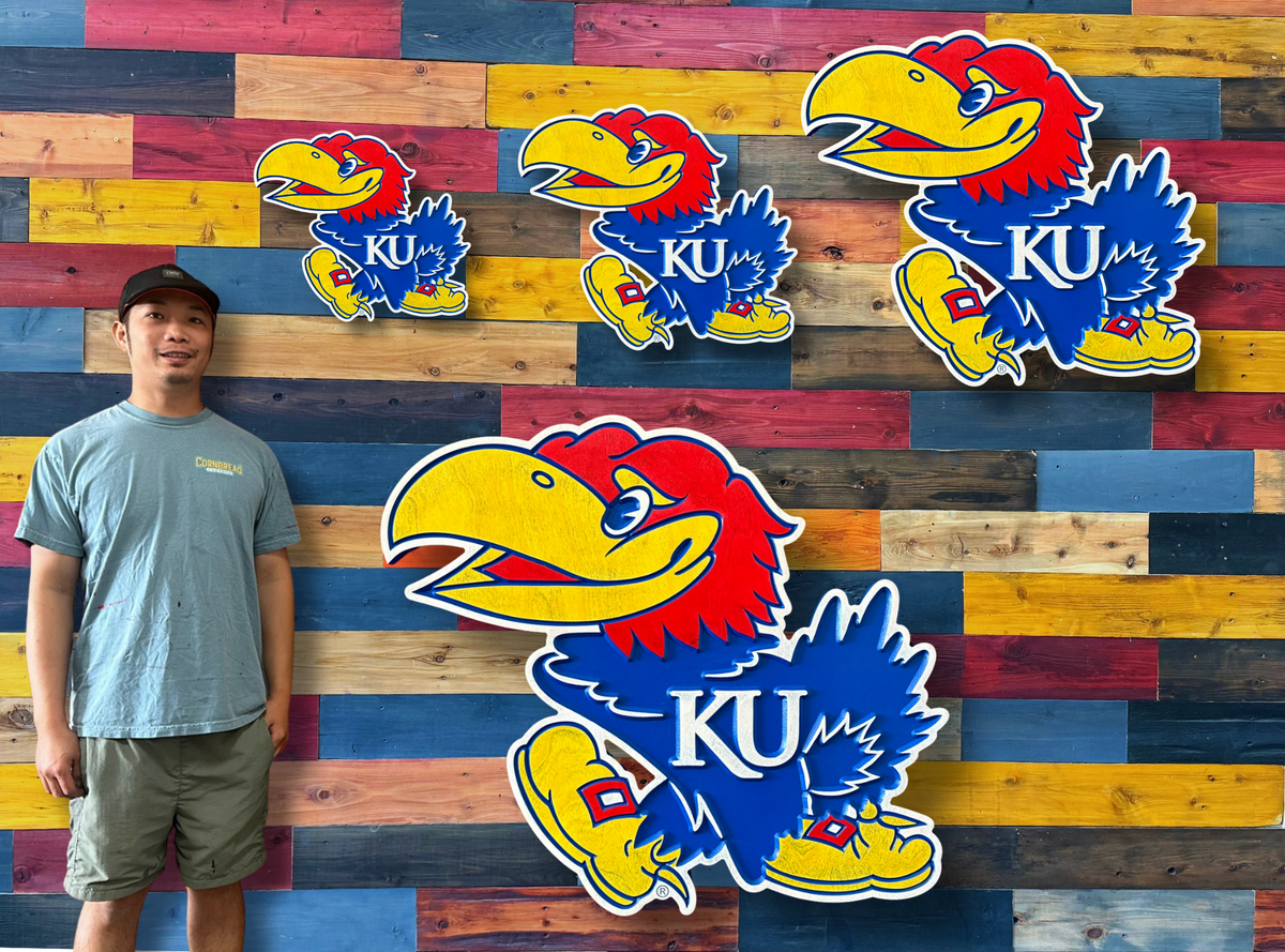 Kansas Big Jay mascot carved wood sign sizing
