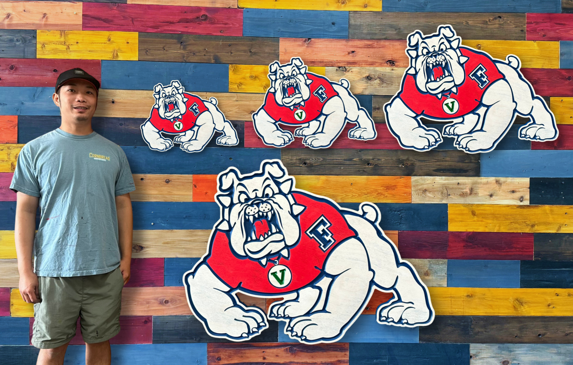 Shop the officially licensed Fresno State Victor E. Bulldog mascot wood sign, handcrafted, carved and hand-painted in Nebraska by Cornbread Custom Signs