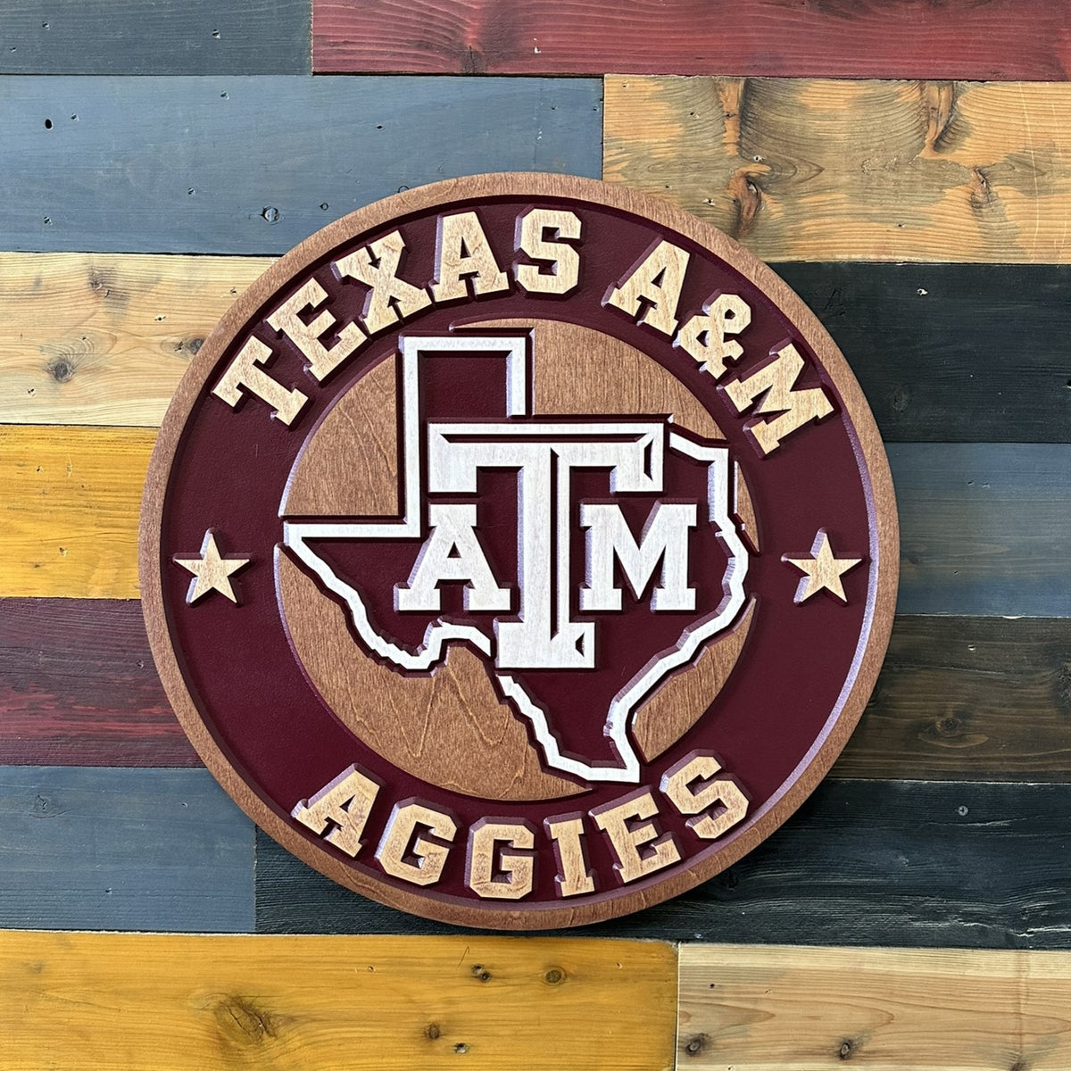 Angled view of Texas A&M Aggies 3D carved wood wall sign showing dimensional carving