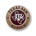 Texas A&M Aggies 3D carved wood sign featuring the ATM logo and Texas state shape in maroon and wood tones